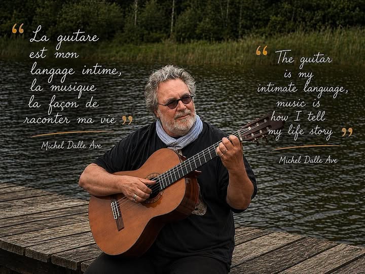 Michel Dalle Ave à la guitare, avec sa citation sur la musique comme langage intime